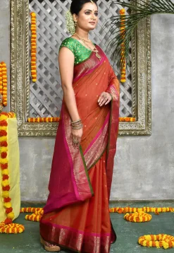 Handloom Pure Silk Cotton Gadwal Saree in Rust