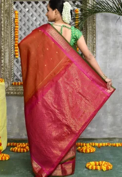 Handloom Pure Silk Cotton Gadwal Saree in Rust
