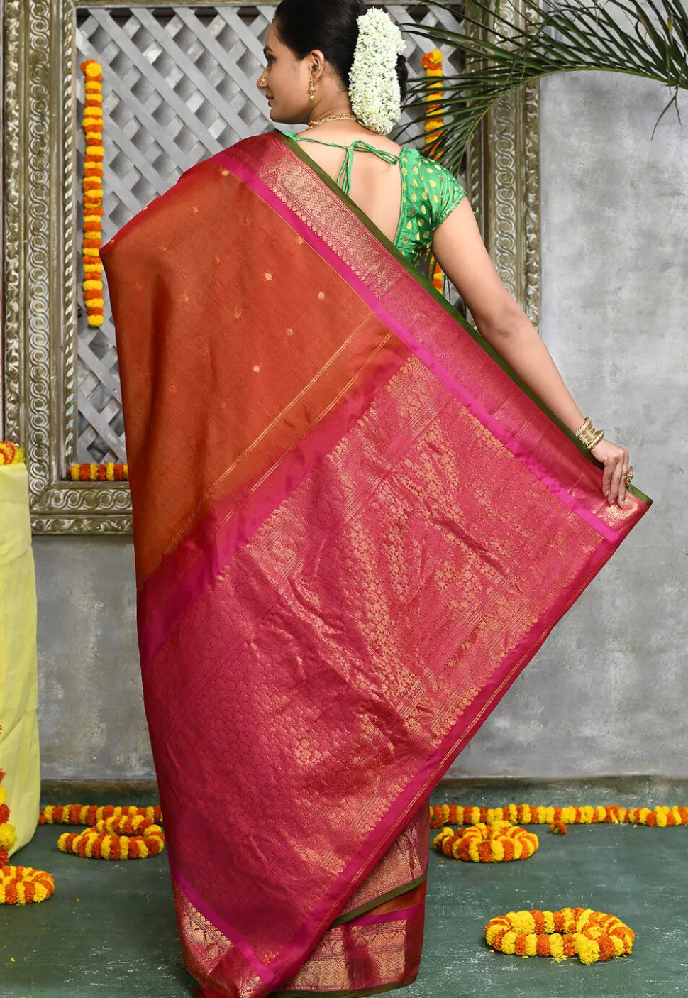 Handloom Pure Silk Cotton Gadwal Saree in Rust