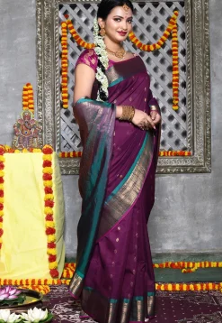 Handloom Pure Silk Cotton Gadwal Saree in Dark Purple
