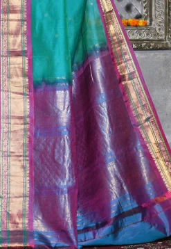 Handloom Pure Silk Cotton Gadwal Saree in Teal Green
