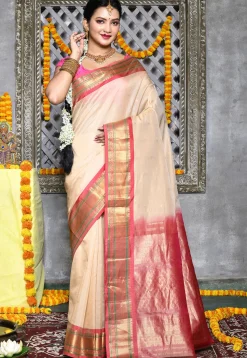 Handloom Pure Silk Cotton Gadwal Saree in Light Beige