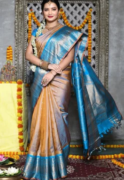 Handloom Pure Silk Gadwal Saree in Beige and Blue Dual Tone