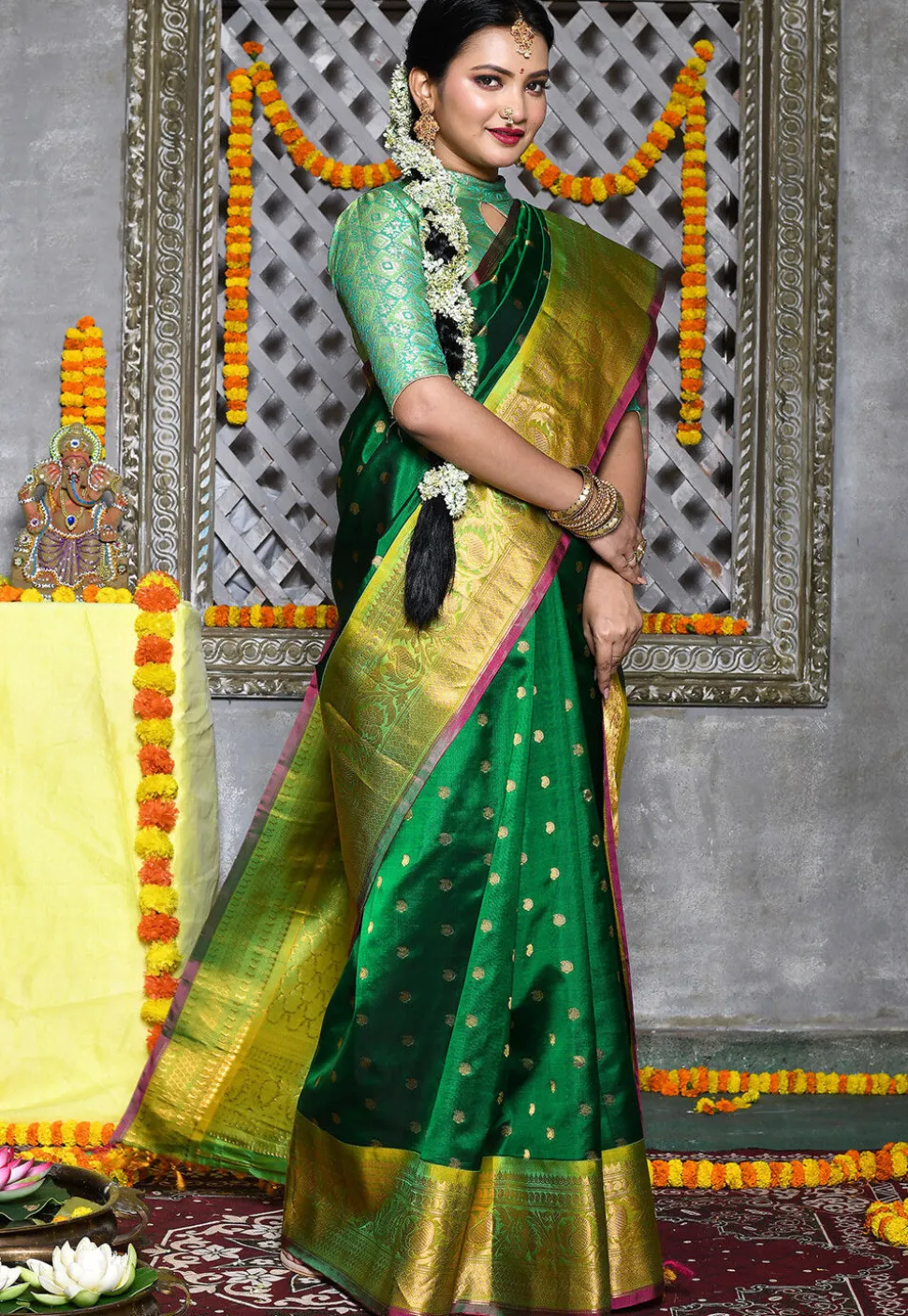 Handloom Pure Silk Gadwal Saree in Green