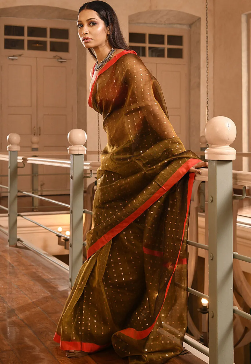 Handloom Pure Silk Saree in Dark Olive Green