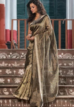 Handloom Tissue Silk Saree in Grey and Golden