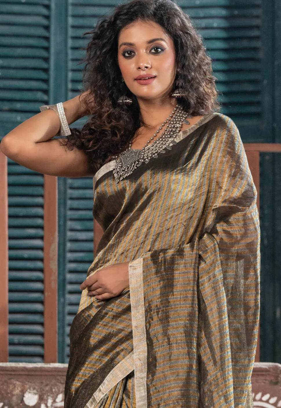 Handloom Tissue Silk Saree in Grey and Golden