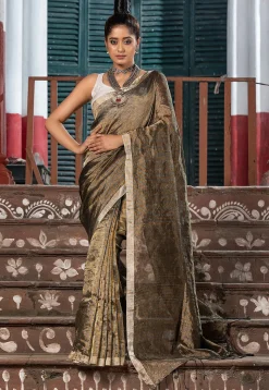 Handloom Tissue Silk Saree in Grey and Golden
