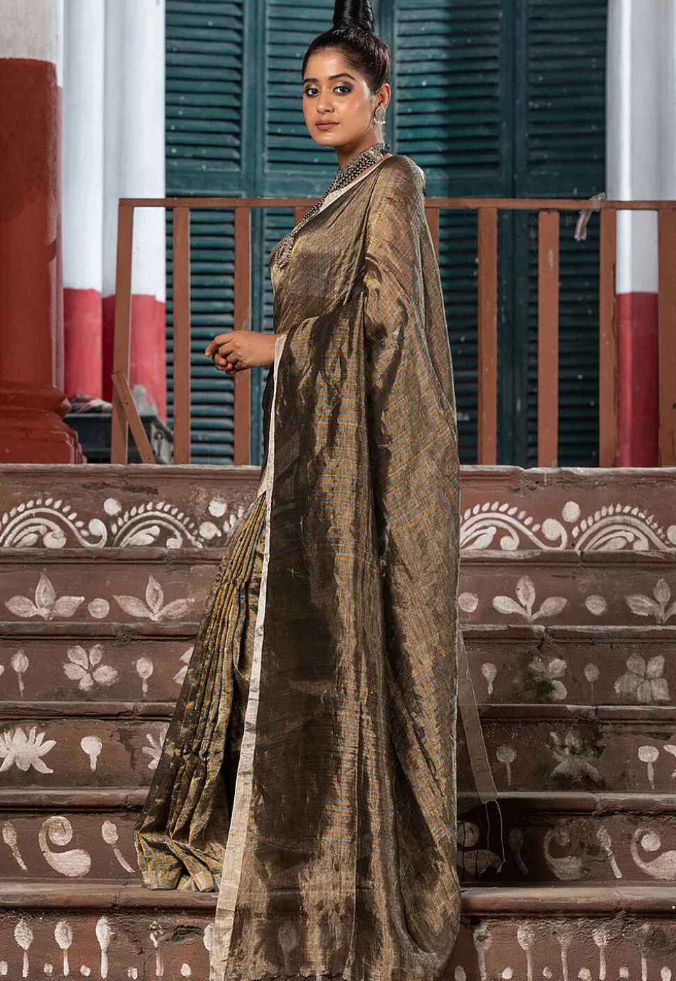 Handloom Tissue Silk Saree in Grey and Golden