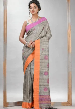 Handloom Tussar Silk Saree in Grey