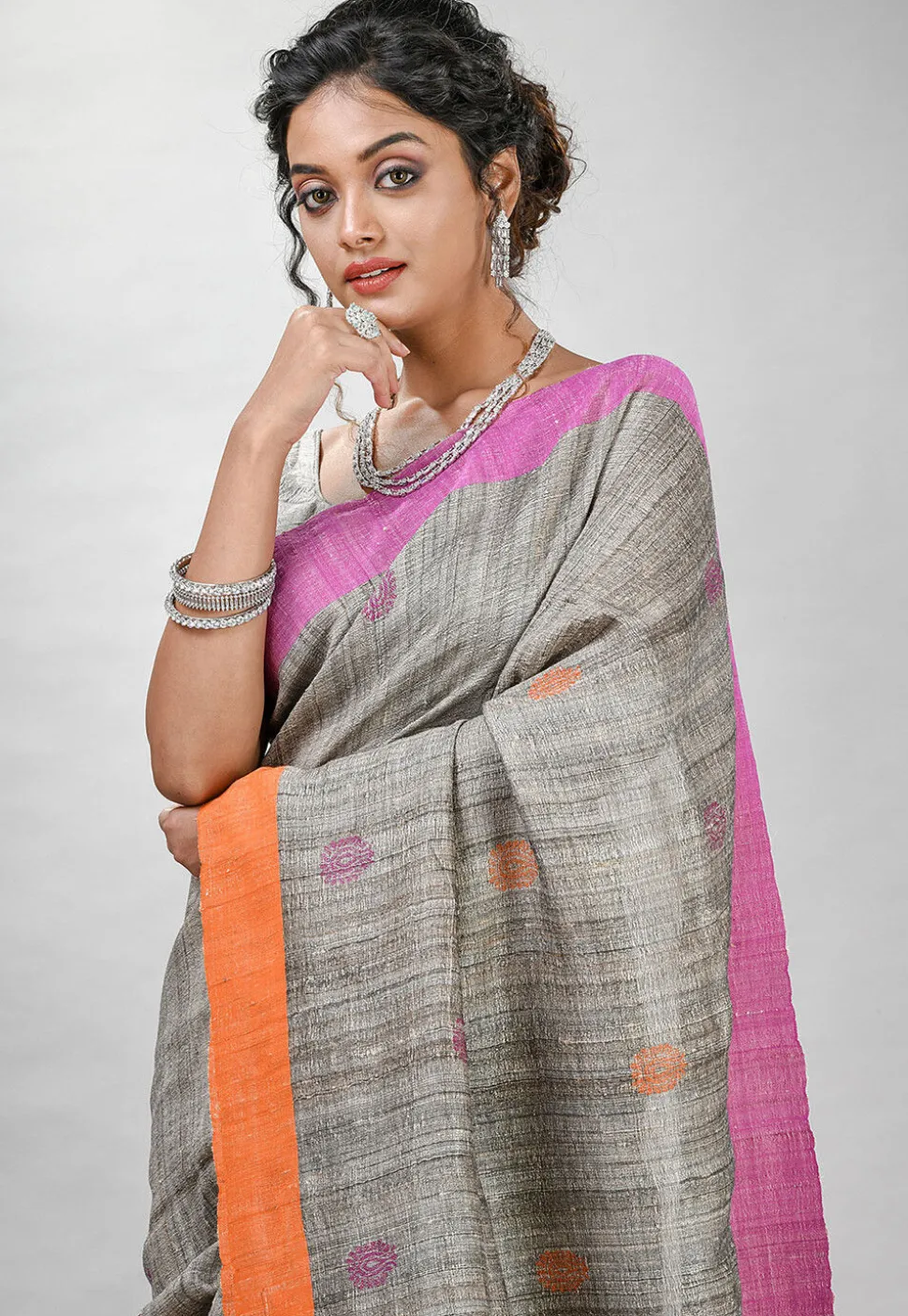 Handloom Tussar Silk Saree in Grey
