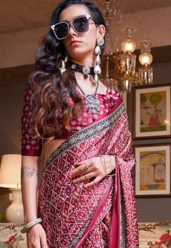 Ikat Prined Crepe Saree in Maroon