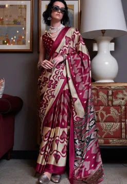 Ikat Prined Crepe Saree in Maroon and Cream