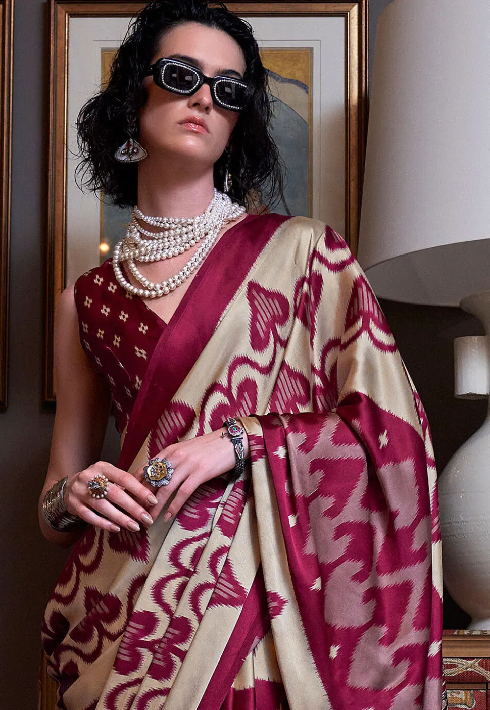 Ikat Prined Crepe Saree in Maroon and Cream