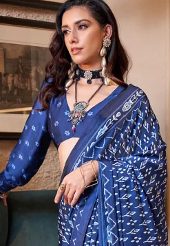 Ikat Prined Crepe Saree in Blue