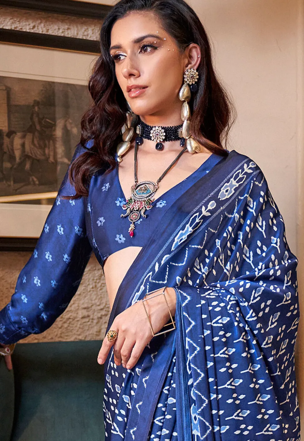 Ikat Prined Crepe Saree in Blue