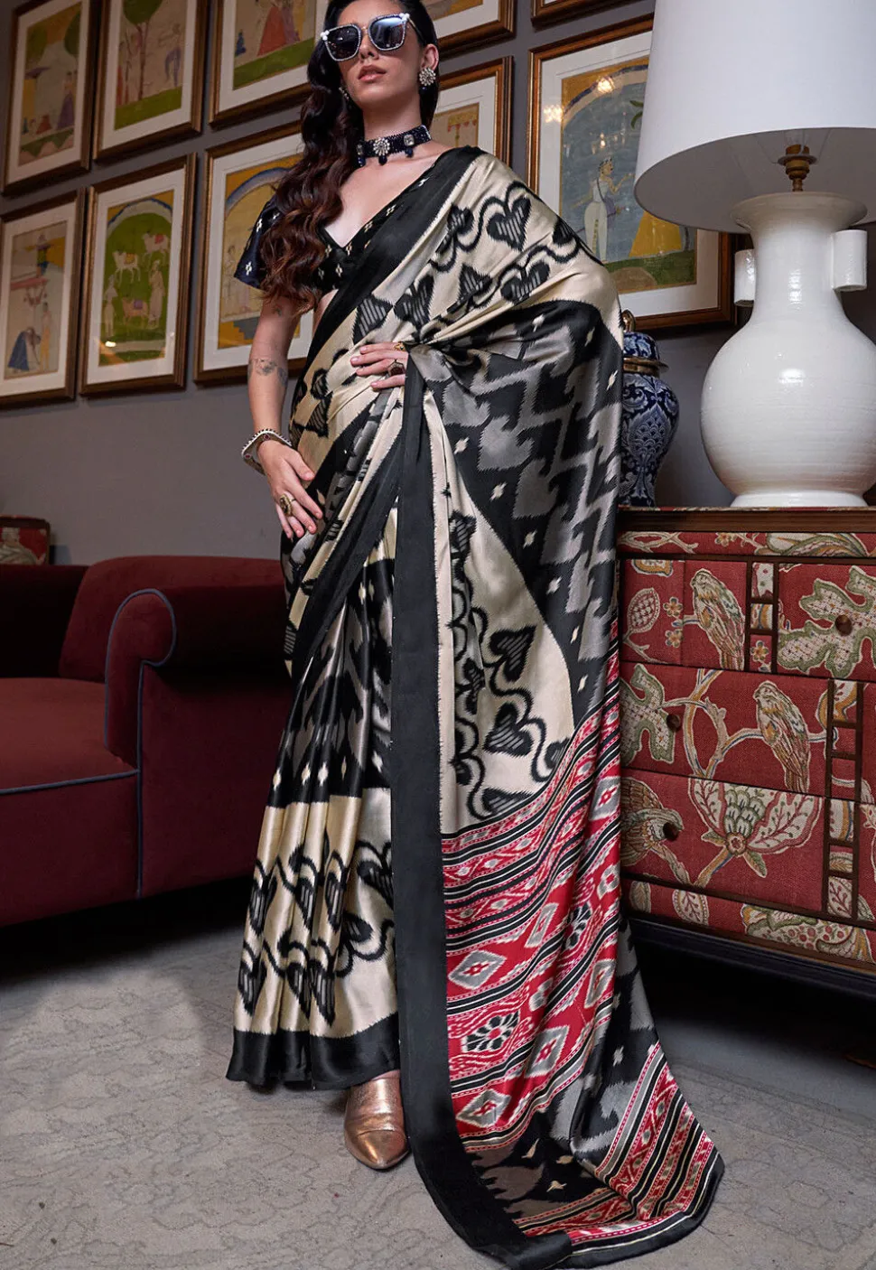 Ikat Prined Crepe Saree in Black and Cream