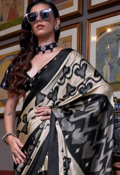 Ikat Prined Crepe Saree in Black and Cream