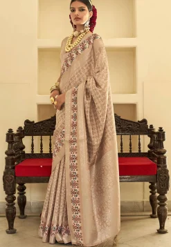 Ikat Printed Art Silk Saree in Beige