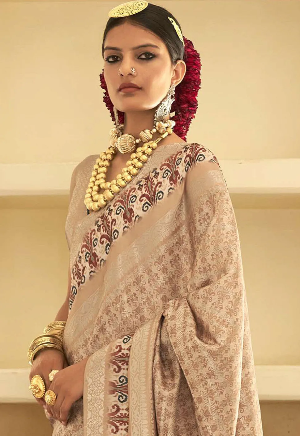 Ikat Printed Art Silk Saree in Beige