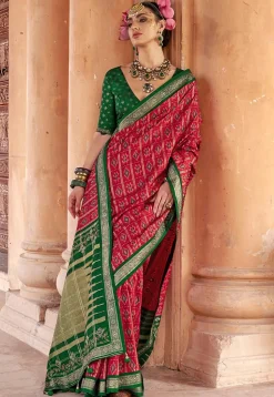 Ikat Printed Art Silk Saree in Red
