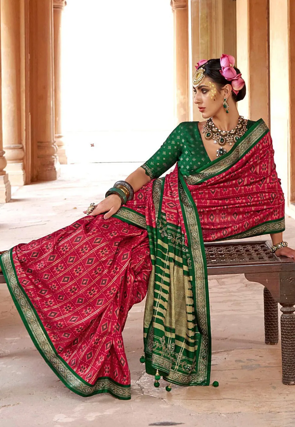 Ikat Printed Art Silk Saree in Red