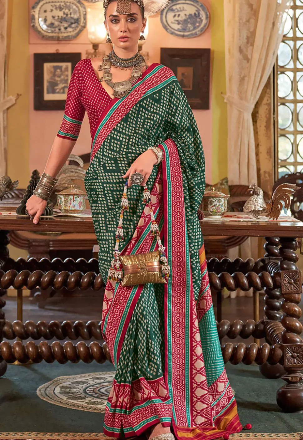 Ikat Printed Art Silk Saree in Dark Green