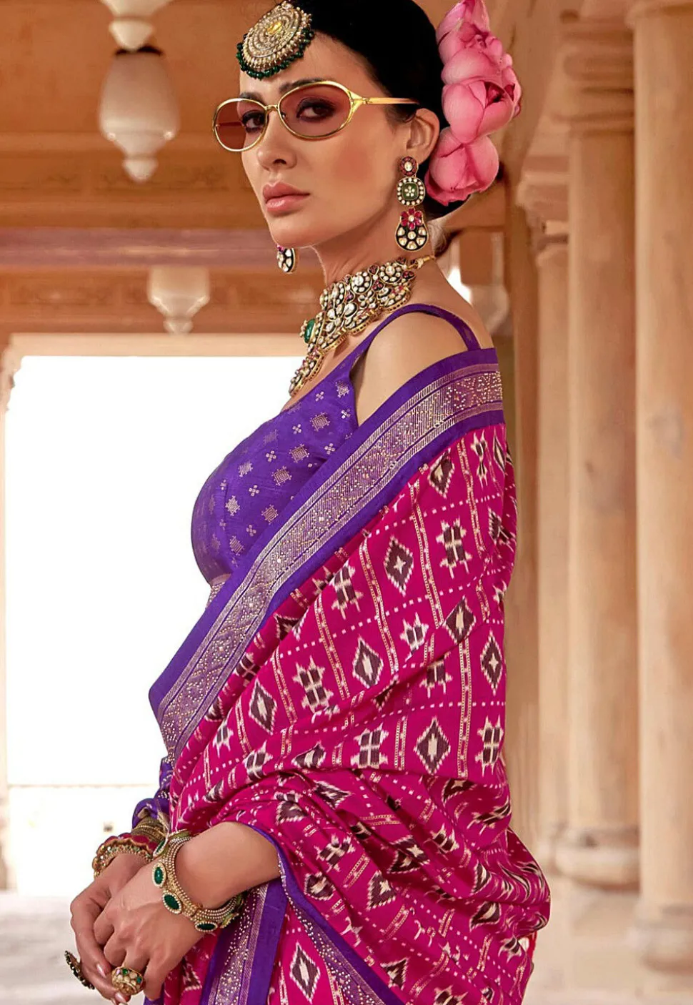 Ikat Printed Art Silk Saree in Magenta
