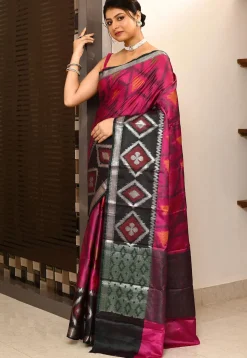 Ikat Printed Art Silk Saree in Fuchsia