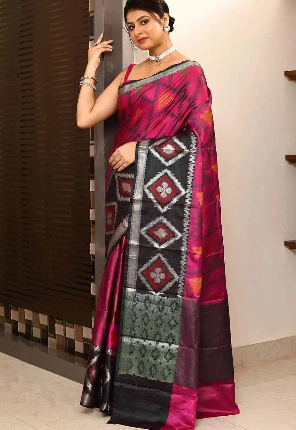 Ikat Printed Art Silk Saree in Fuchsia