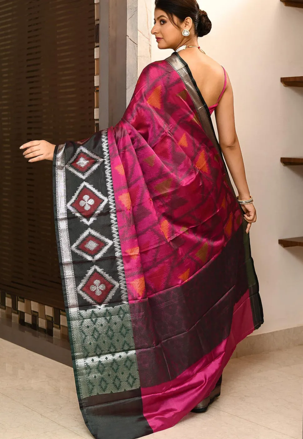 Ikat Printed Art Silk Saree in Fuchsia