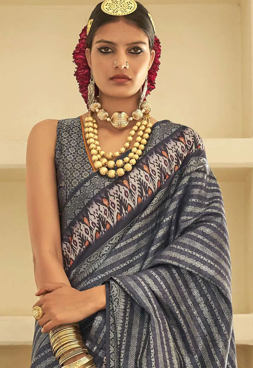 Ikat Printed Art Silk Saree in Dark Grey