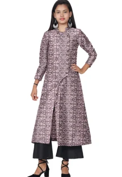 Ikat Printed Chanderi Silk Long Kurta Set in Peach