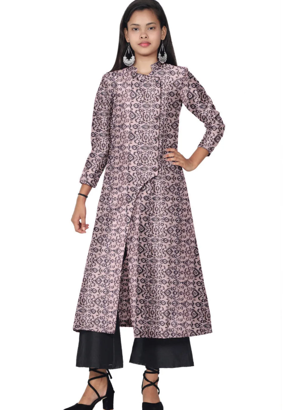 Ikat Printed Chanderi Silk Long Kurta Set in Peach