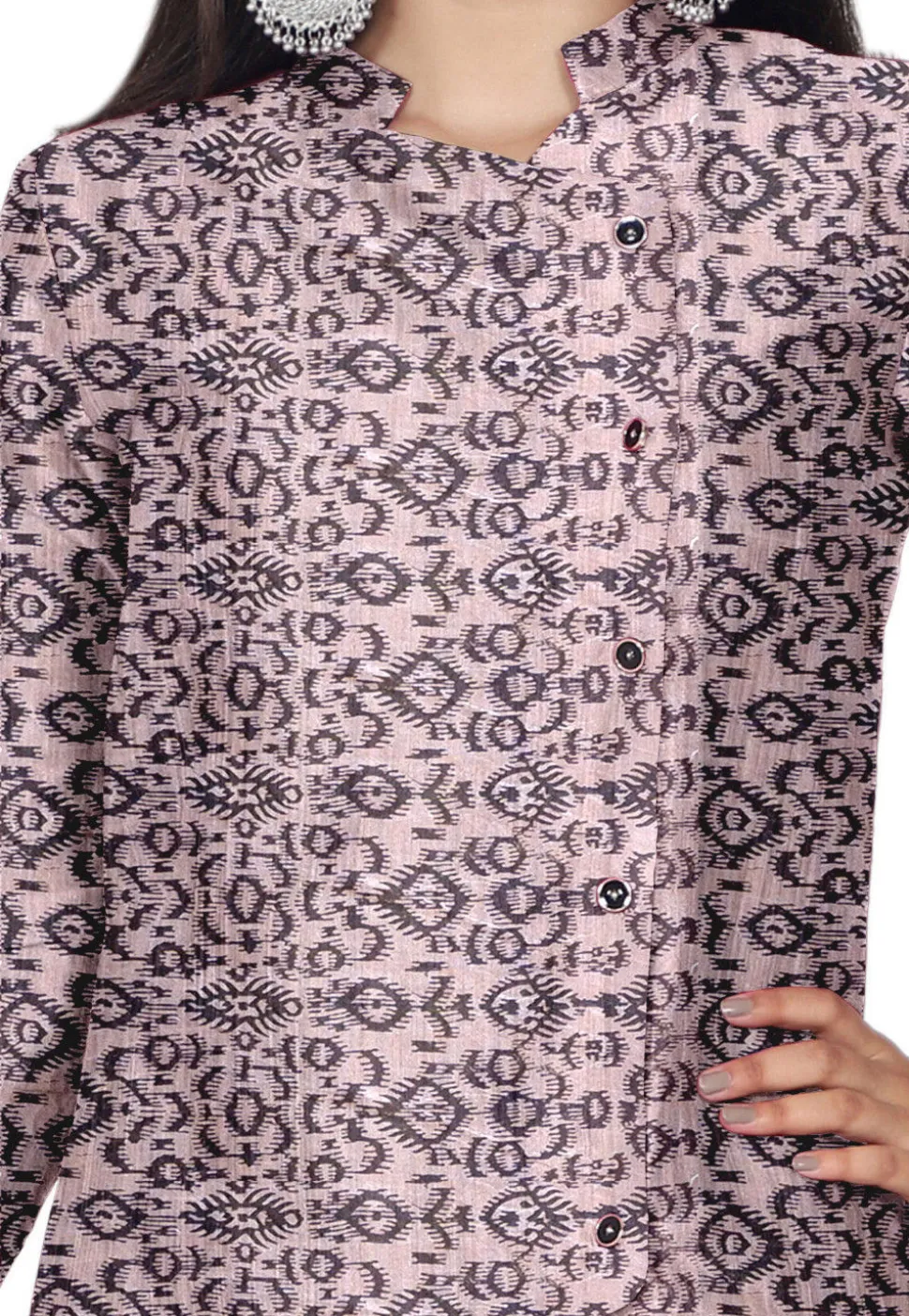 Ikat Printed Chanderi Silk Long Kurta Set in Peach