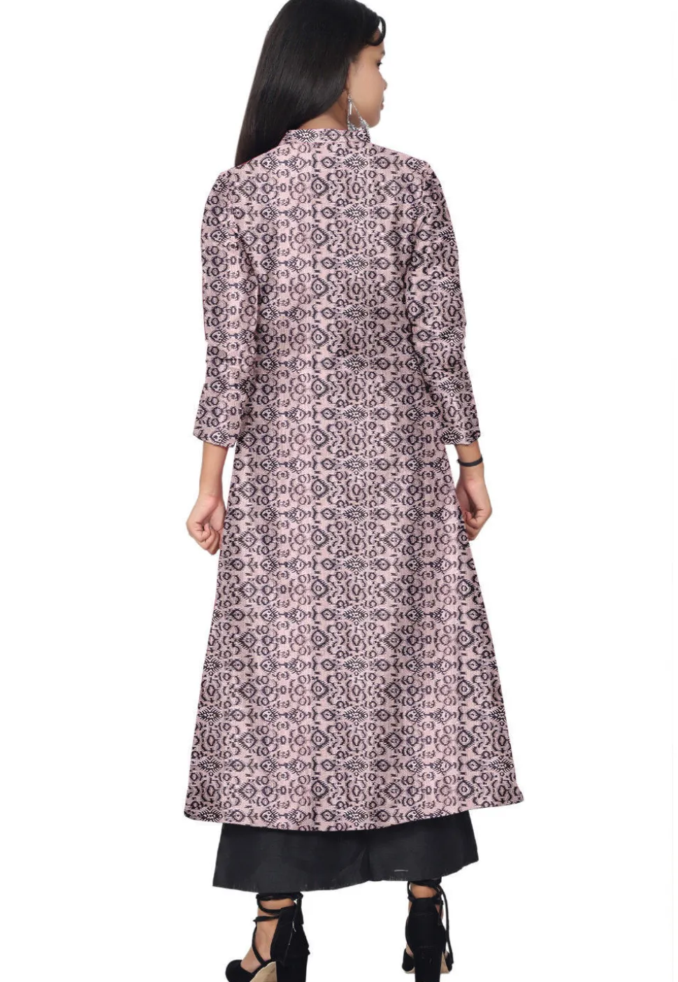 Ikat Printed Chanderi Silk Long Kurta Set in Peach