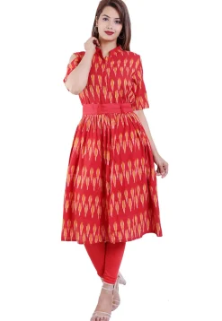 Ikat Printed Cotton A Line Kurta in Red