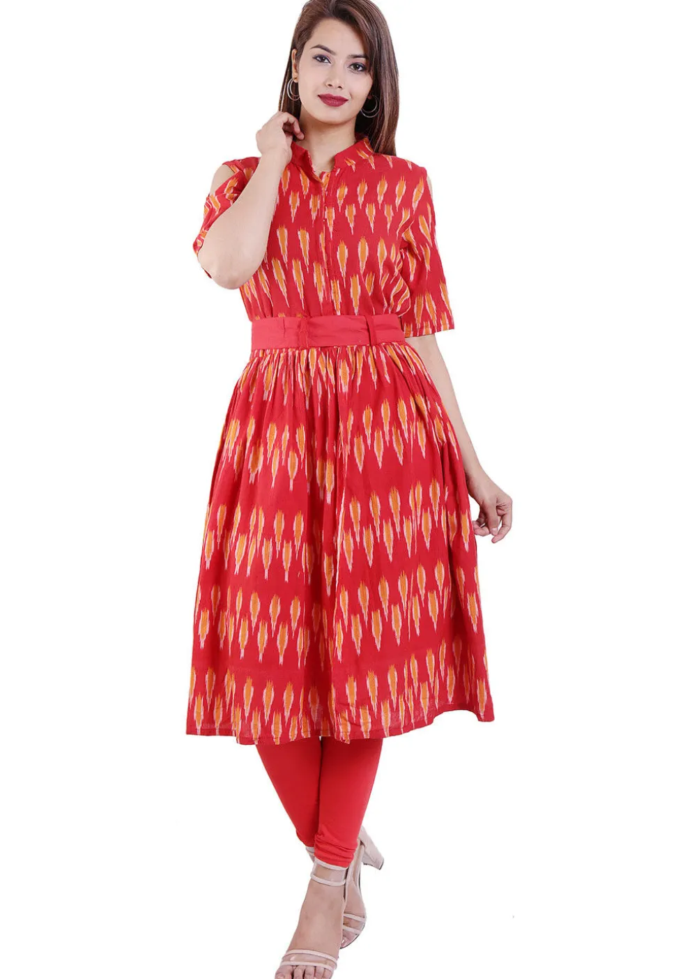 Ikat Printed Cotton A Line Kurta in Red