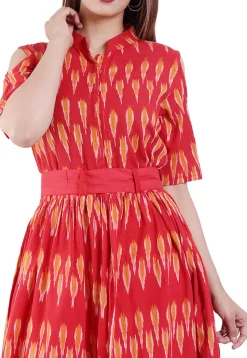 Ikat Printed Cotton A Line Kurta in Red