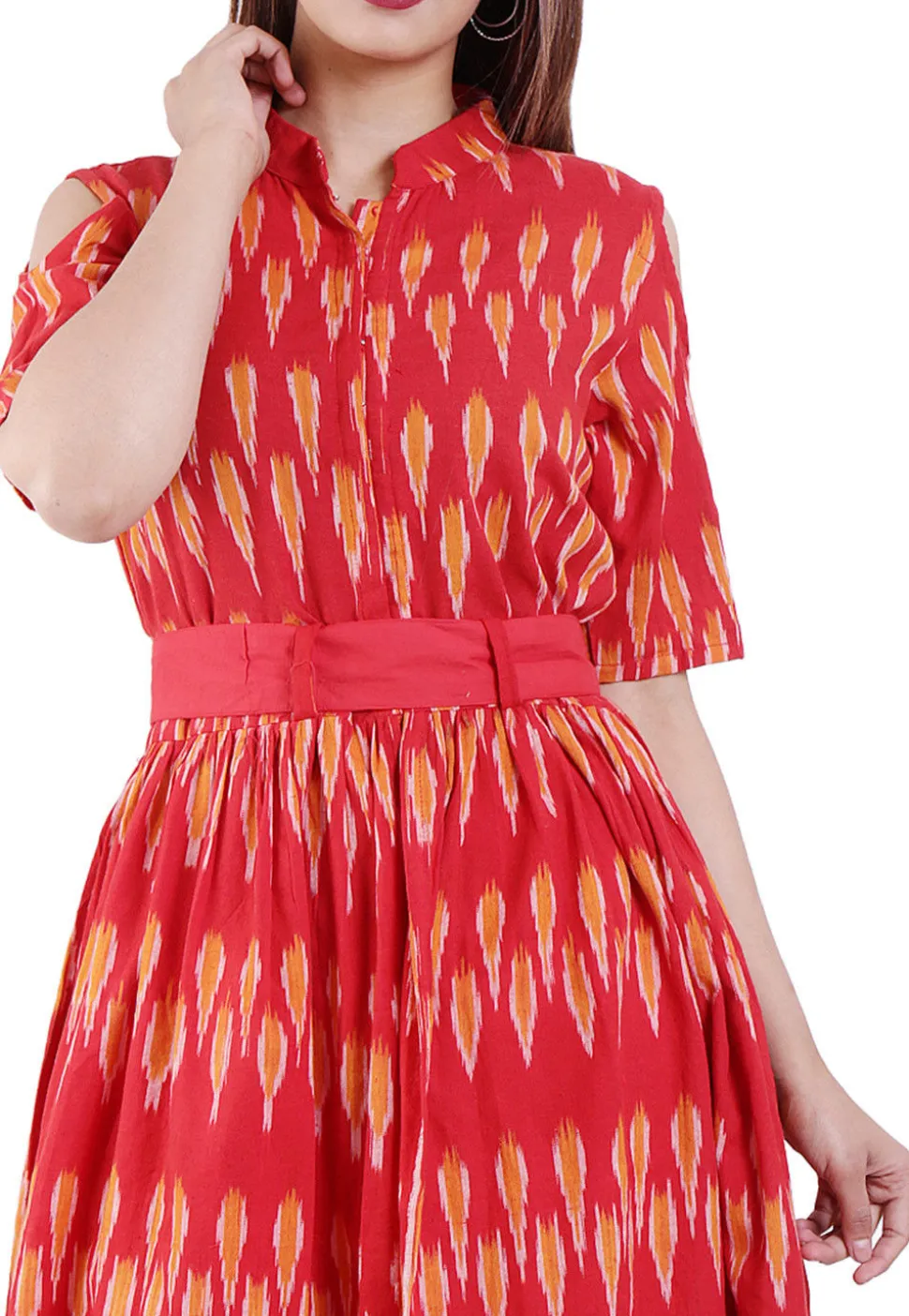 Ikat Printed Cotton A Line Kurta in Red