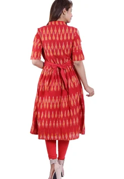 Ikat Printed Cotton A Line Kurta in Red