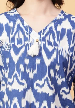Ikat Printed Cotton Co Ord Set in Off White and Blue