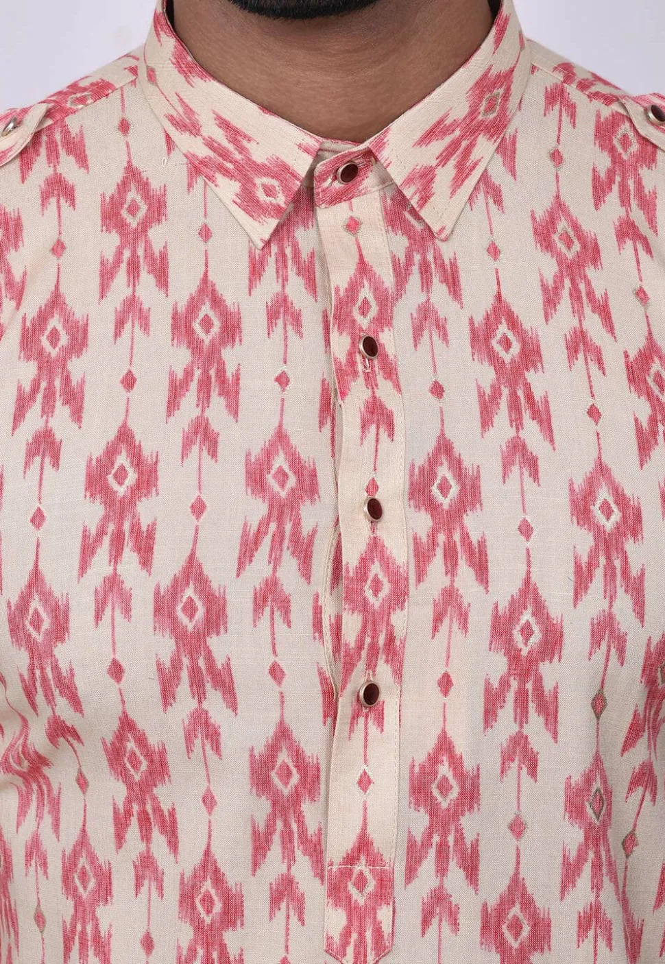 Ikat Printed Cotton Dhoti Kurta in Light Beige