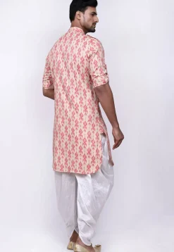 Ikat Printed Cotton Dhoti Kurta in Light Beige