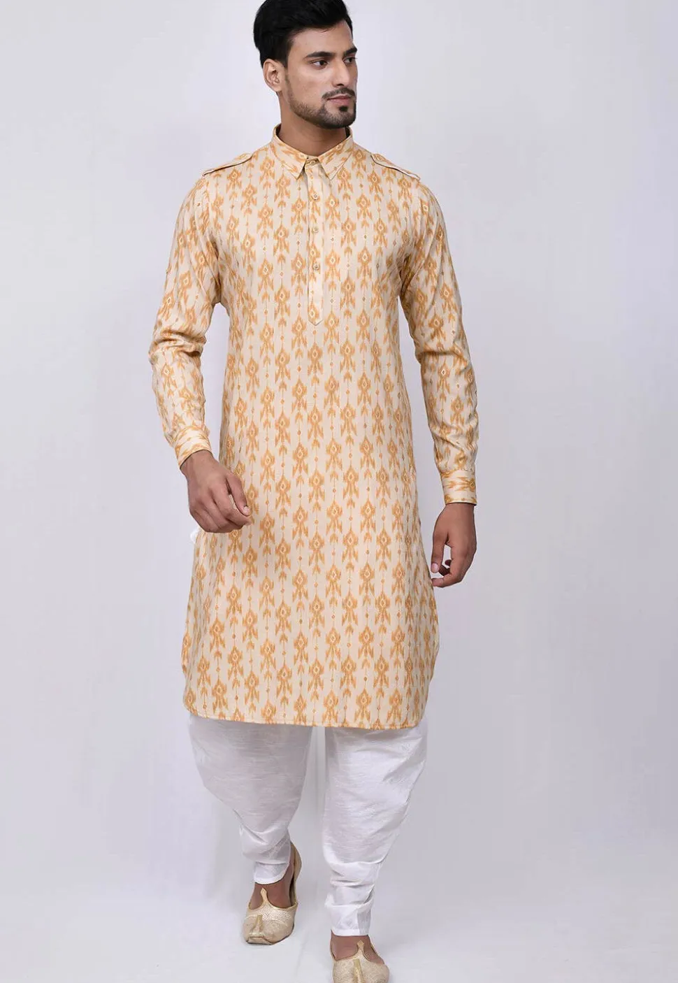 Ikat Printed Cotton Dhoti Kurta in Light Beige