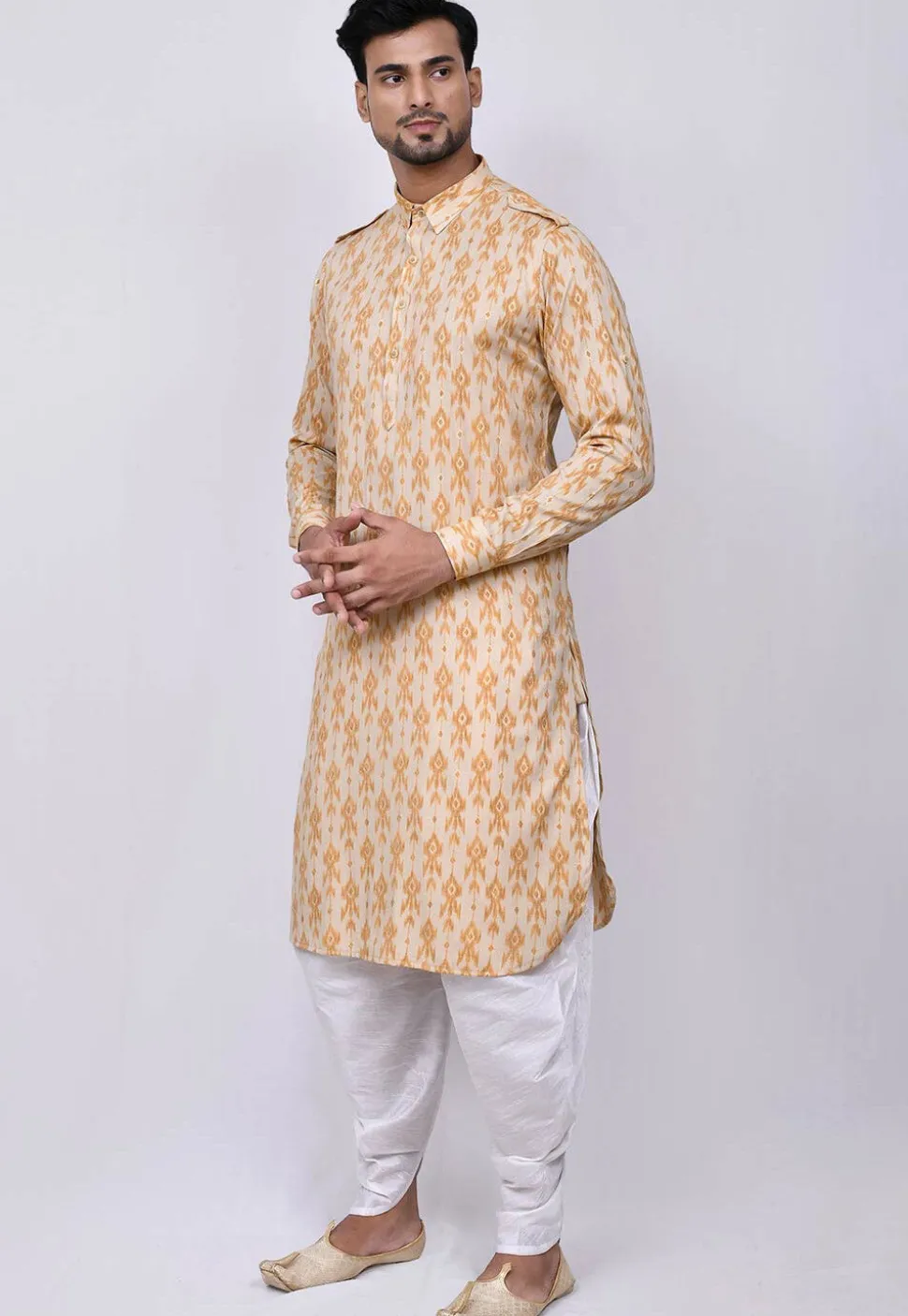 Ikat Printed Cotton Dhoti Kurta in Light Beige
