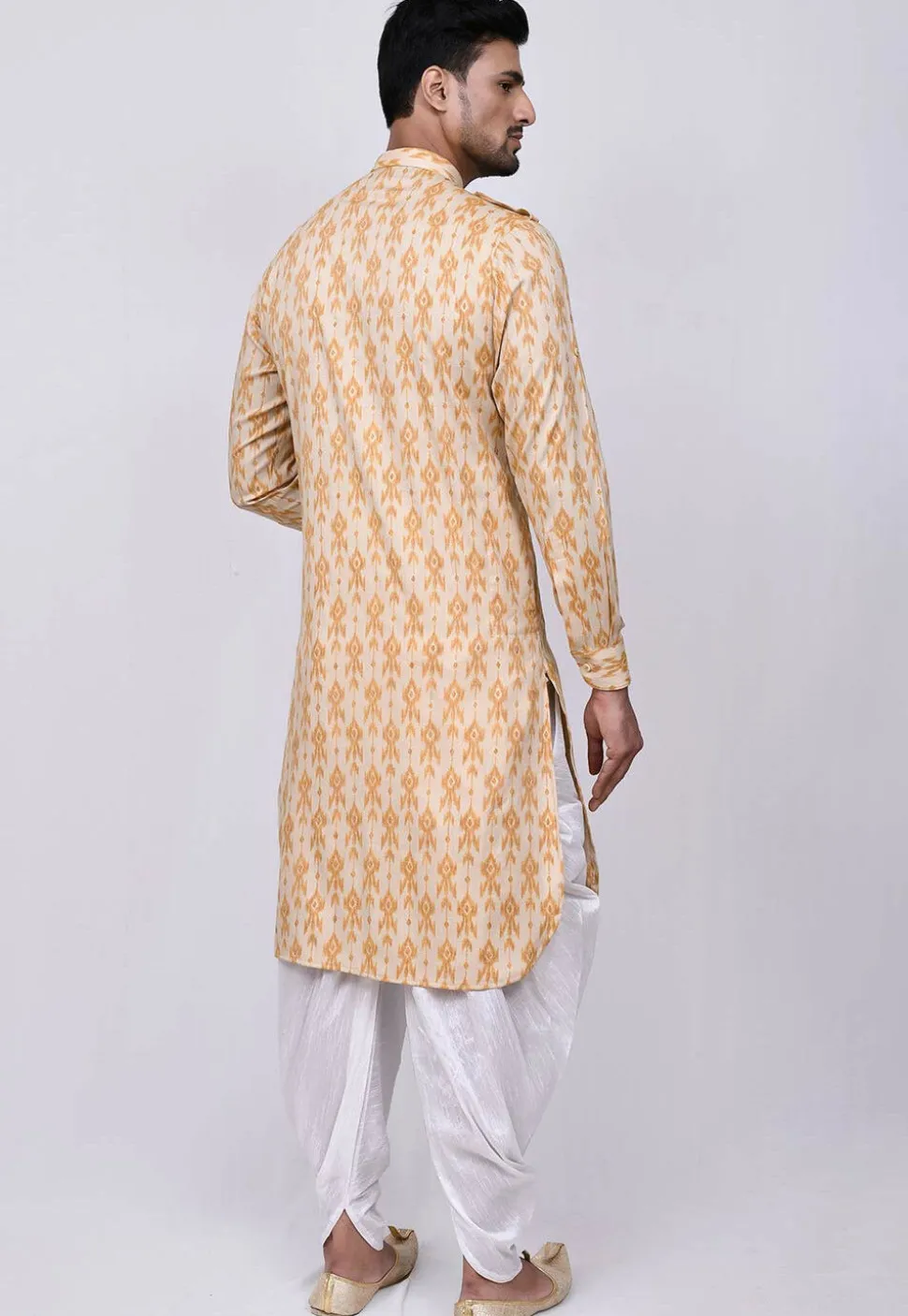 Ikat Printed Cotton Dhoti Kurta in Light Beige