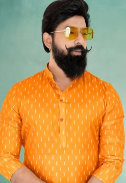 Ikat Printed Cotton Kurta Set in Yellow