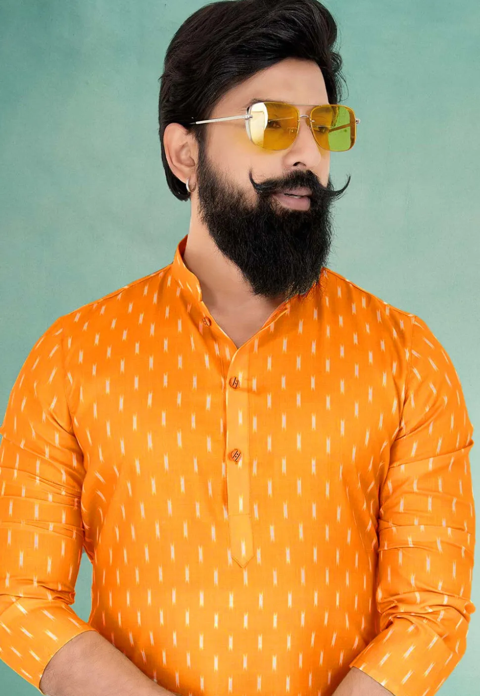 Ikat Printed Cotton Kurta Set in Yellow