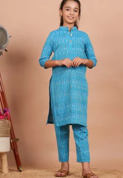 Ikat Printed Cotton Kurta Set in Sky Blue